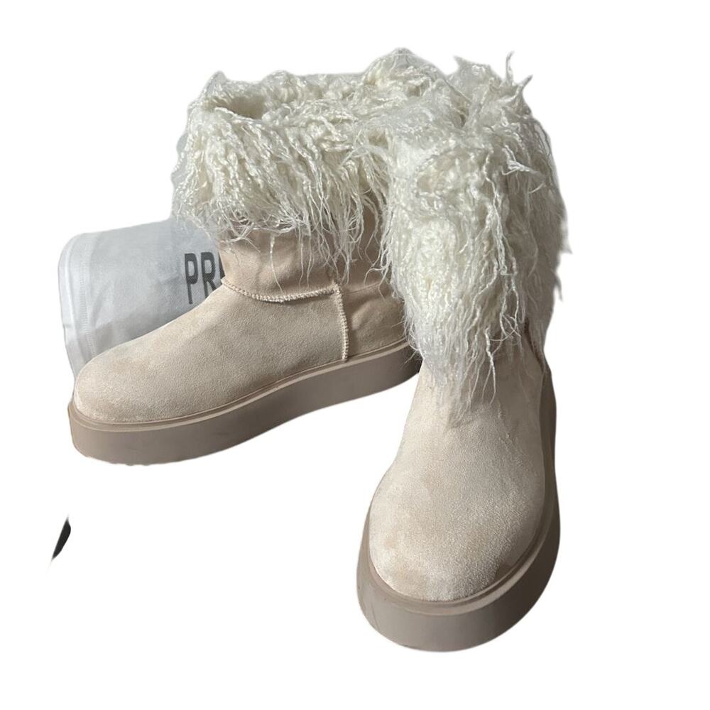 NIB PrettyLittleThing Cream Faux Suede Faux Contrast Fur Pull-on Ankle Boot-US8